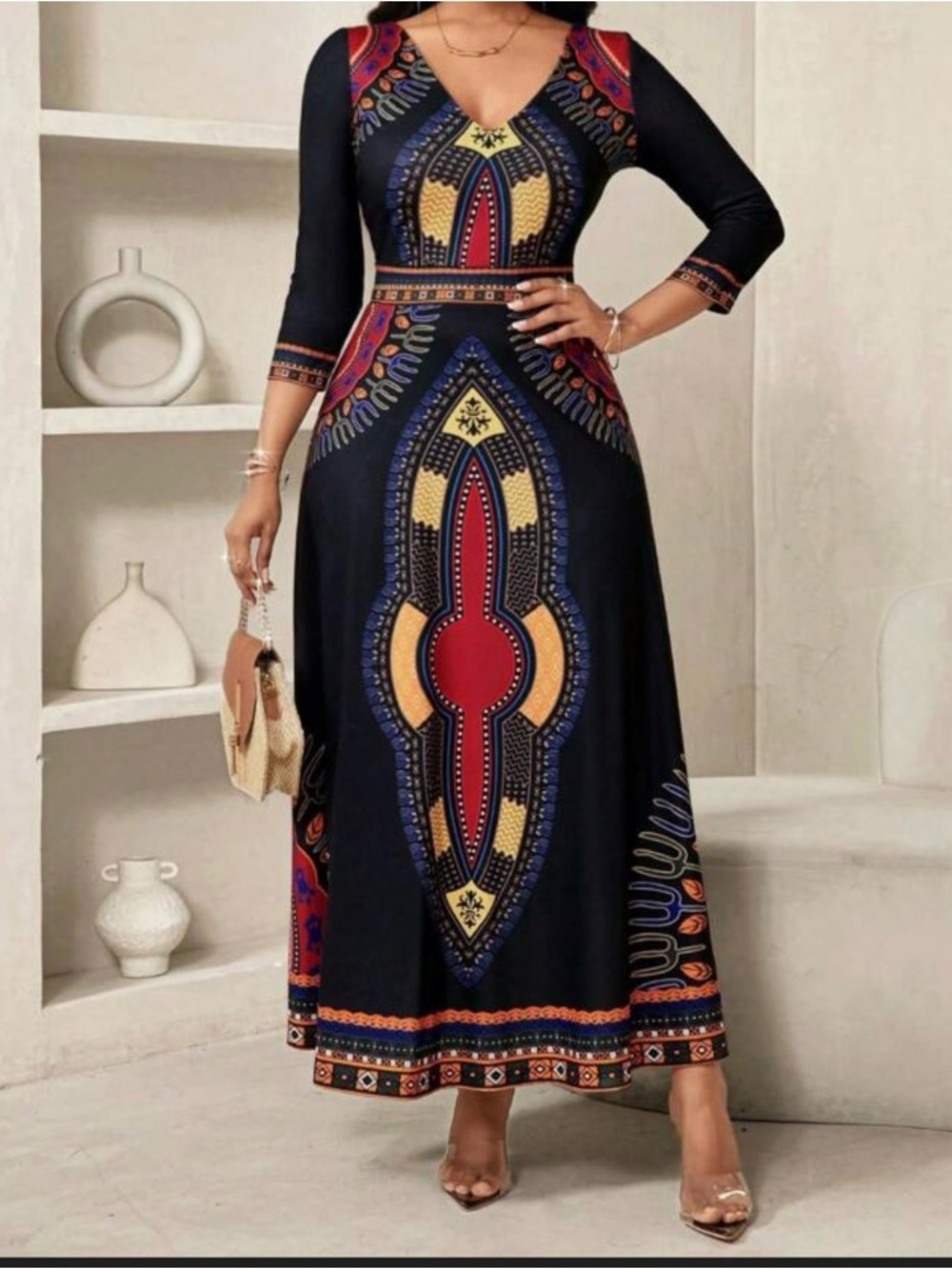 Black V-Neck Maxi Dress with Bold Multicolor Print - Picture 1 of 9